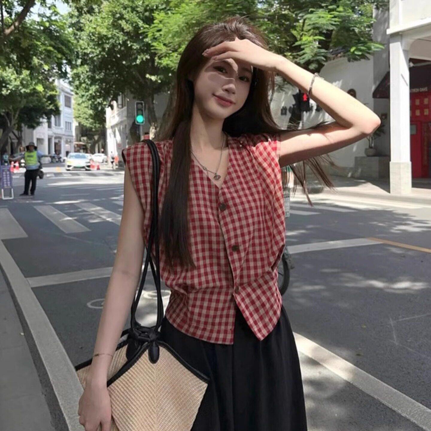 复古格子v领无袖衬衫小飞袖上衣