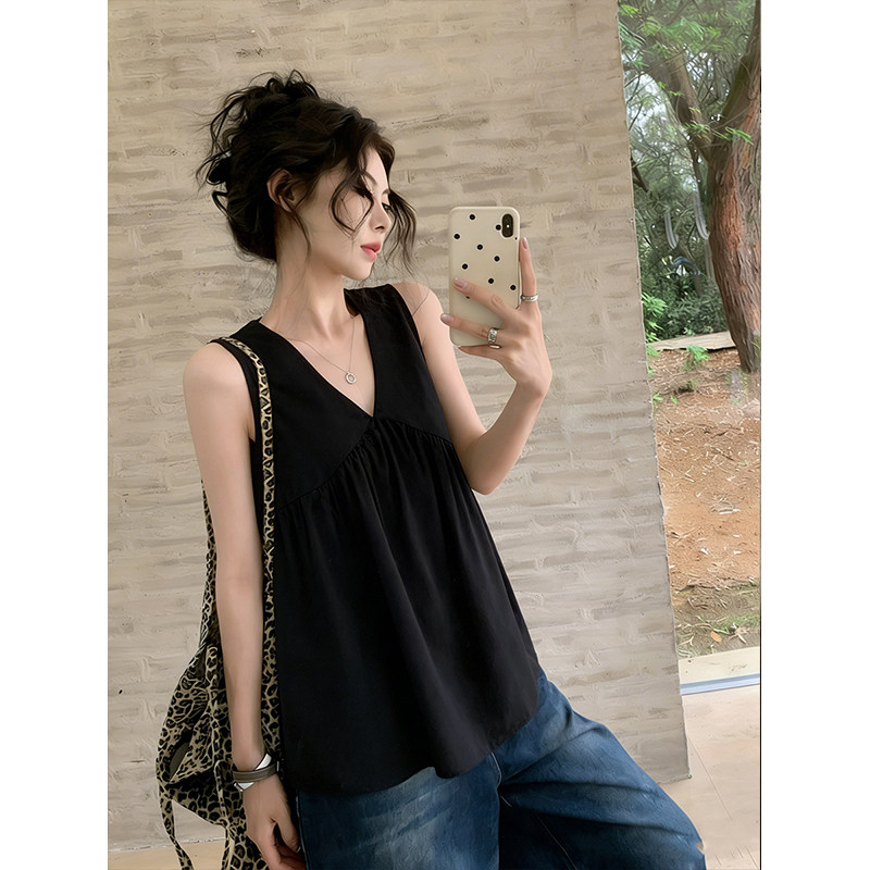 法式黑色v领吊带背心女夏季松弛感宽松无袖娃娃衫中长款小资上衣