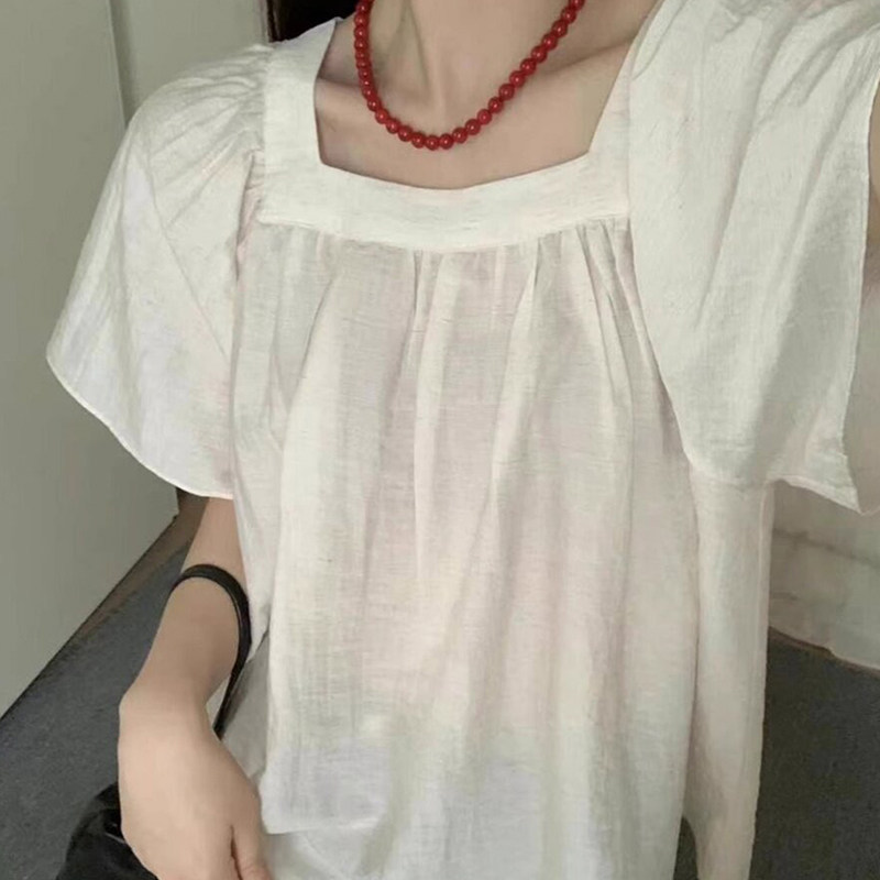 法式方领亚麻短袖衬衫娃娃衫上衣
