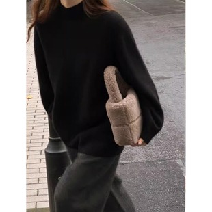 复古黑色浣熊绒半高领毛衣女秋冬慵懒高级感宽松针织衫内搭上衣厚