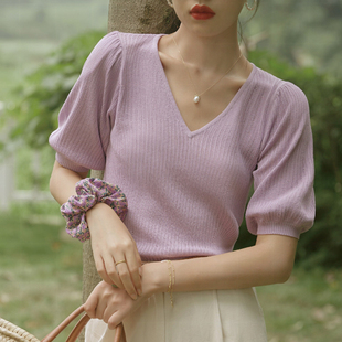 法式复古v领冰丝短袖针织衫女夏季设计感小众泡泡袖短款bm上衣t恤