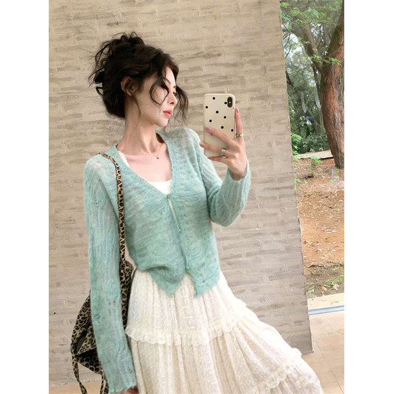 薄荷绿色v领镂空针织开衫女春季穿搭短款披肩防晒罩衫外套上衣薄