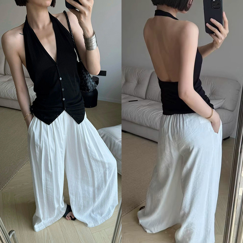 法式黑色挂脖露背吊带背心女夏季外穿设计感无袖美背冰丝针织上衣