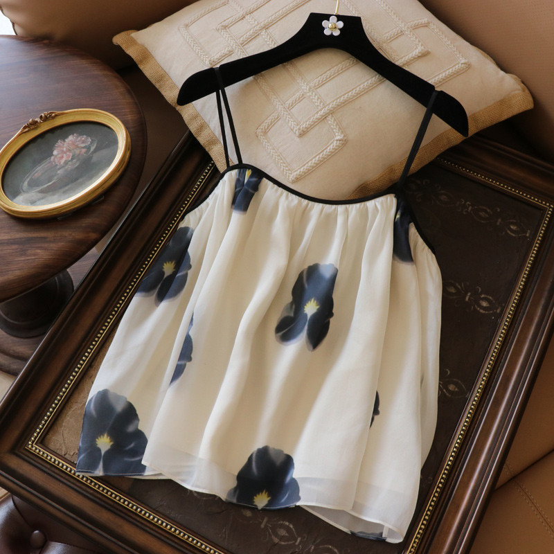 法式高级感吊带背心女夏季轻奢重工定染花朵无袖上衣设计感小众薄