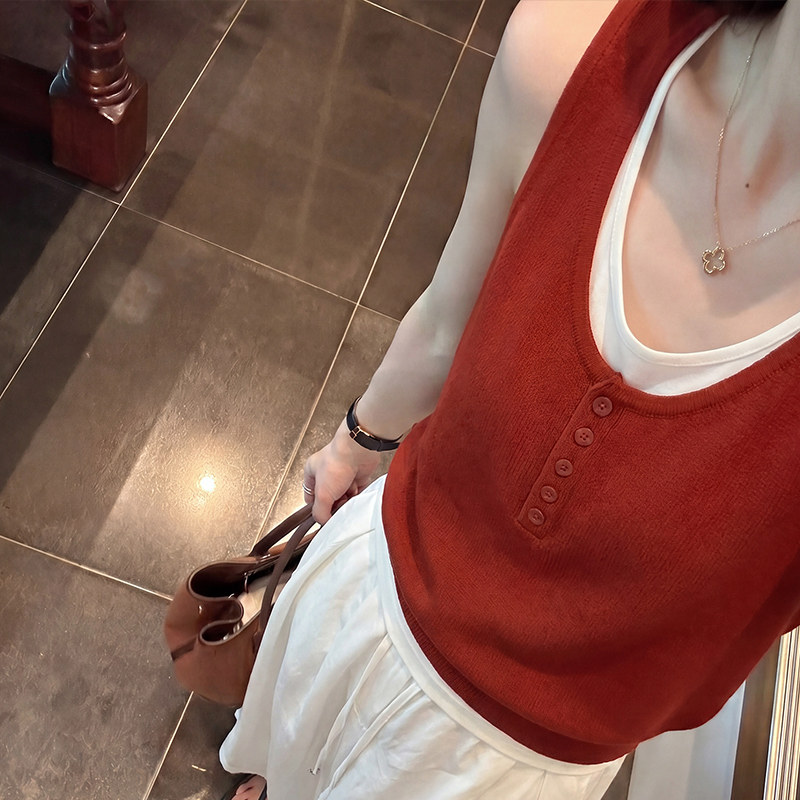绝美假两件吊带背心外穿无袖上衣