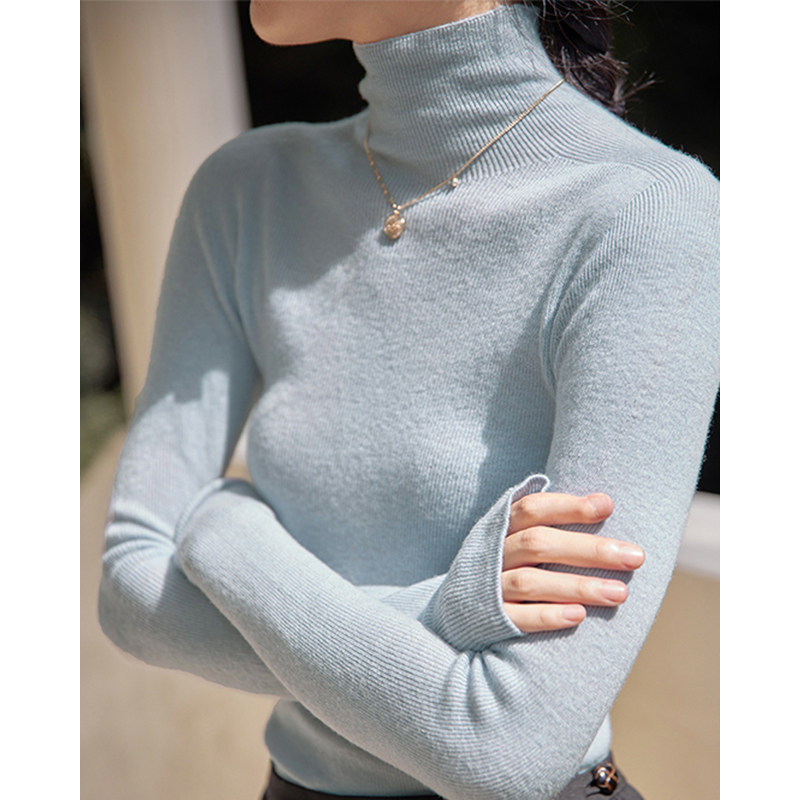 清冷风淡蓝色高领针织衫女秋冬内搭打底衫气质百搭修身显瘦毛衣薄