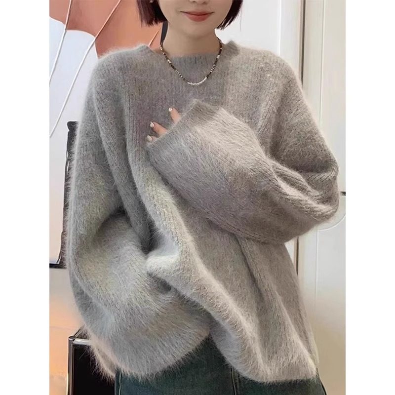 韩版高级感灰色水貂绒加厚套头毛衣女秋冬慵懒风超好看漂亮针织衫