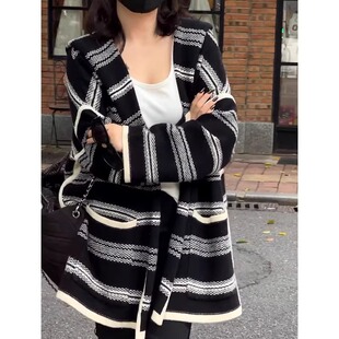 黑白条纹连帽针织开衫女秋冬高级感中长款宽松毛衣外套慵懒风上衣