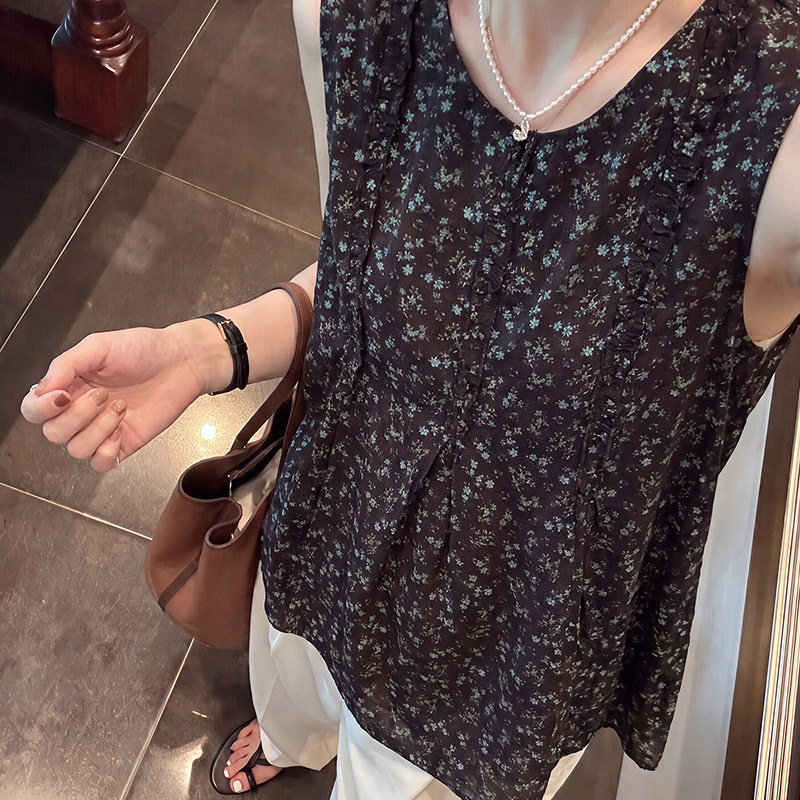 碎花无袖背心衬衫无袖娃娃衫上衣