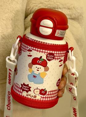 苹果小狗保温杯大容量女生高颜值水杯带吸管新款学生双饮杯子斜挎