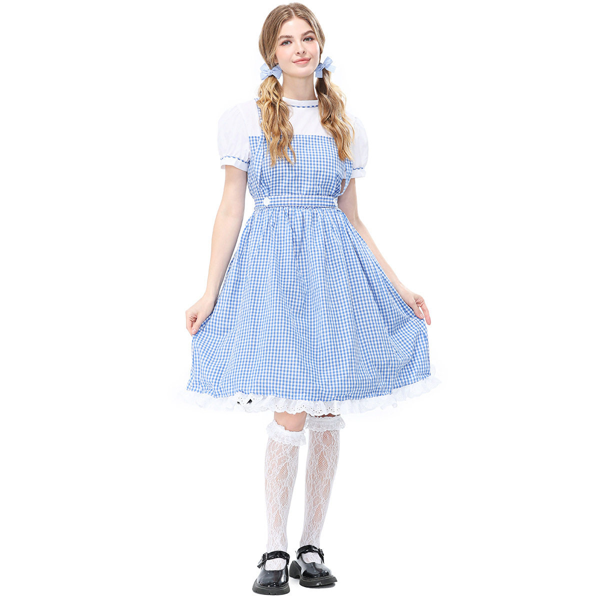 公主裙女蓝白格子cos表演服