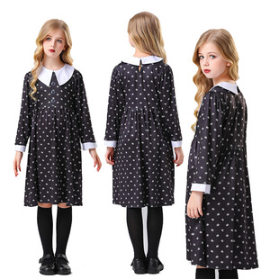 万圣节欧美女童裙亚当斯一家印花连衣裙星期三cos服小纱裙演出服