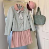 少女学院温柔风jk 粉绿双排扣圆领西服套装 张不烦原创 昭和少女