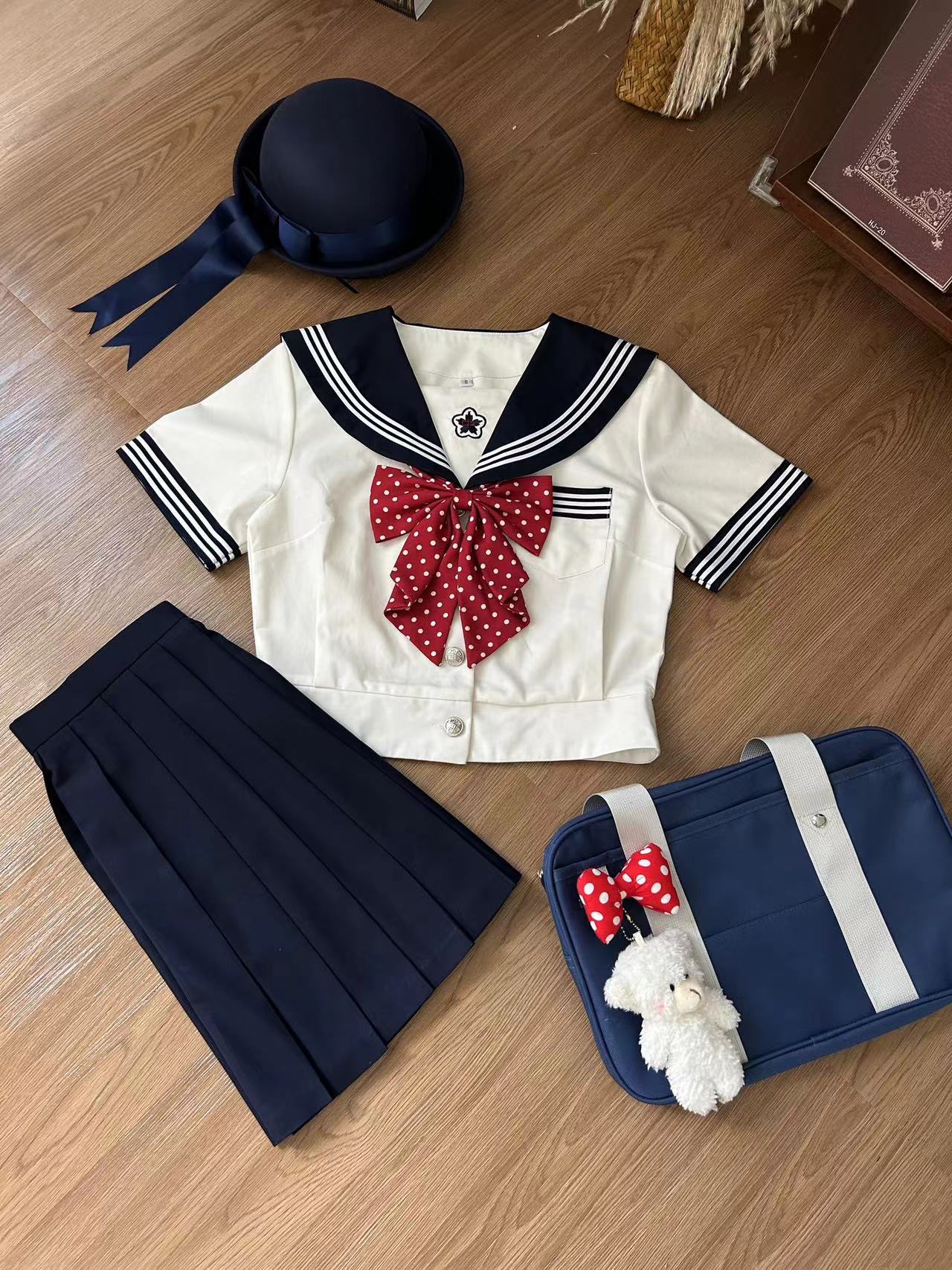 张不烦原创【葵中】绀色基础JK制服套装女夏学院风衬衫百褶两件套