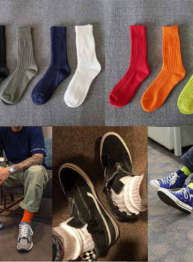 余文乐长筒袜子六叔工装军事风橙色荧光男日潮牌纯色粗毛线袜百搭