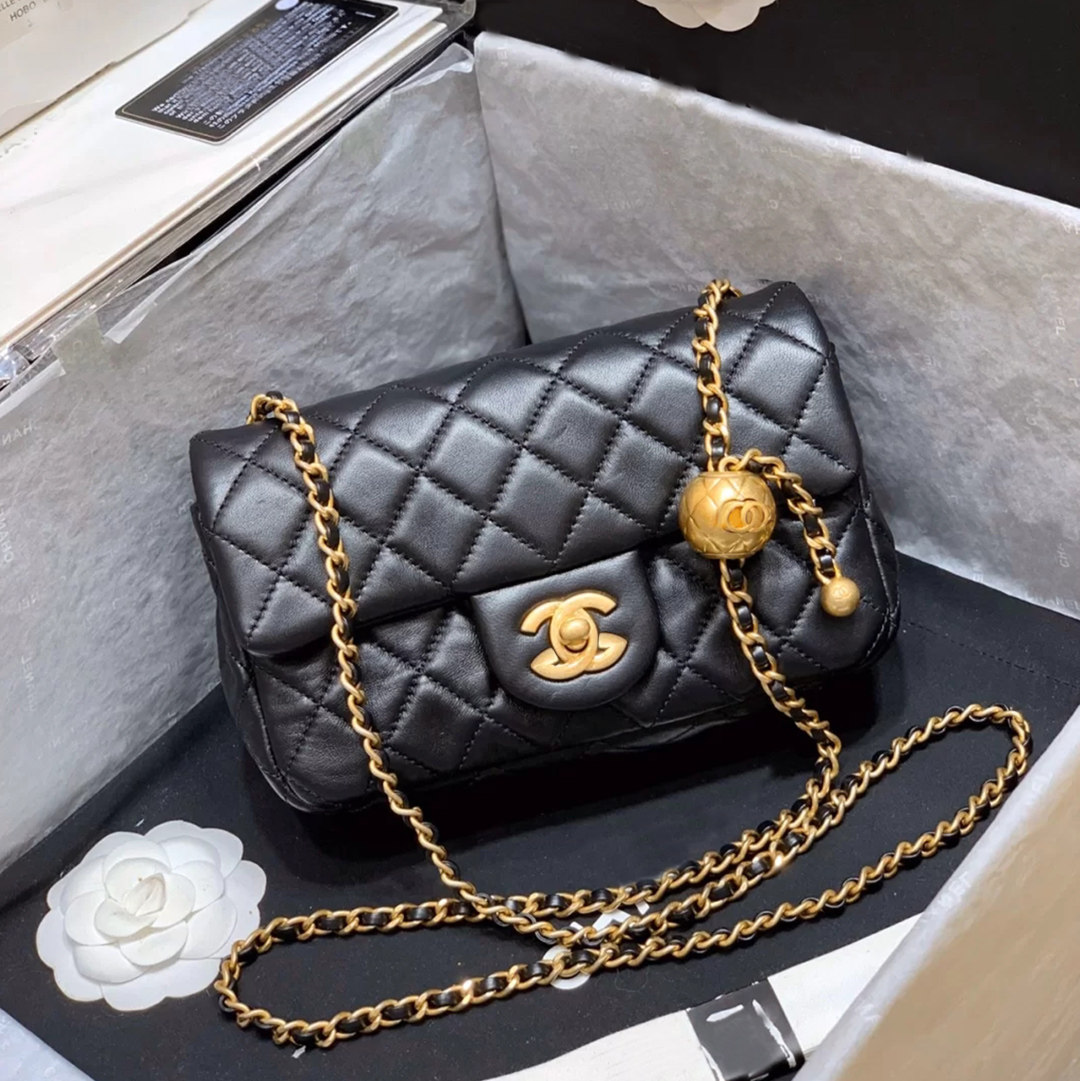 小香风链条包包女2020新款潮百搭单肩斜挎包小金属球方胖子金珠包