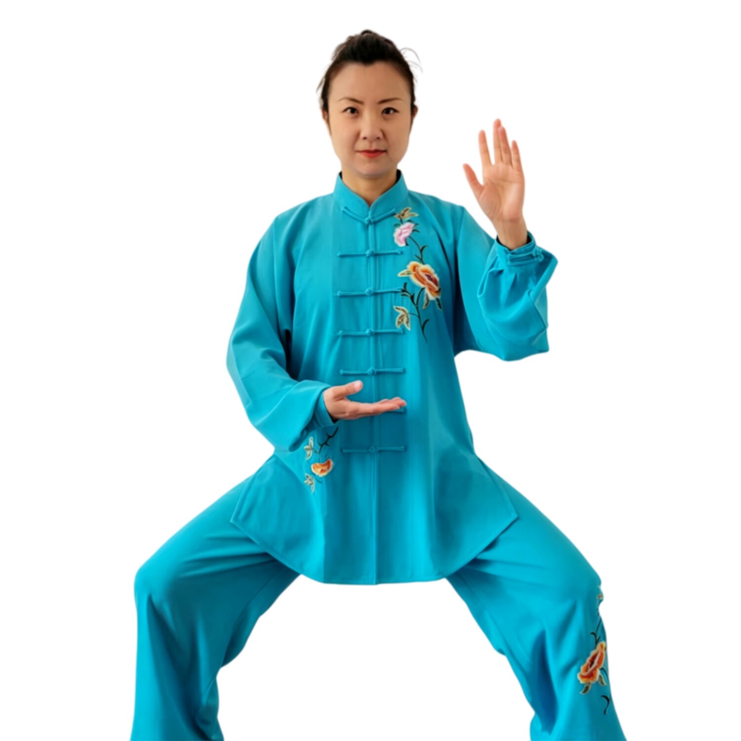 金鹤武术新款湖蓝色刺绣牡丹太极服比赛表演服团队春秋长袖女款