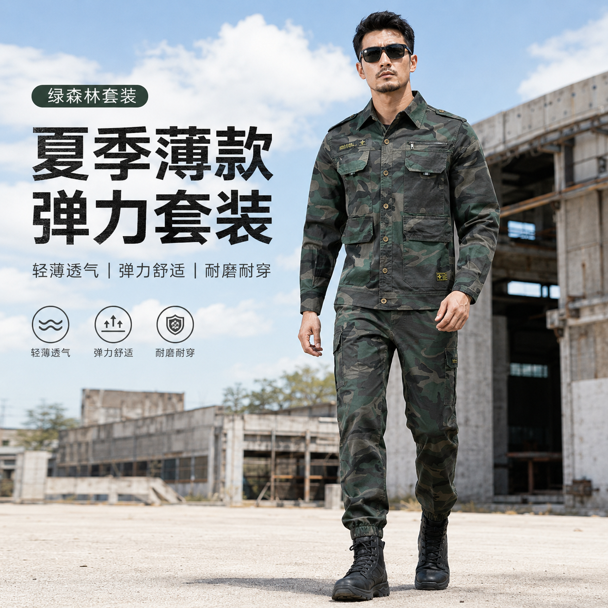 迷彩服套装男夏季薄款长袖耐脏透气弹力衬衣军迷户外劳保服工作服