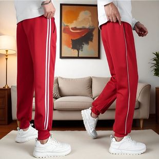 校服裤子秋冬季加绒大红色束脚运动小学生长裤初高中白边一条红色