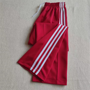 大红色三道杠直筒宽松裤 春夏季 子白宽条学生宽松运动裤 红色校服裤