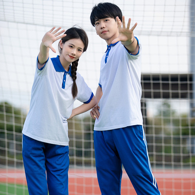 广东校服青春蓝白学生装棉POLOT恤小学生初高中班服毕业照服装