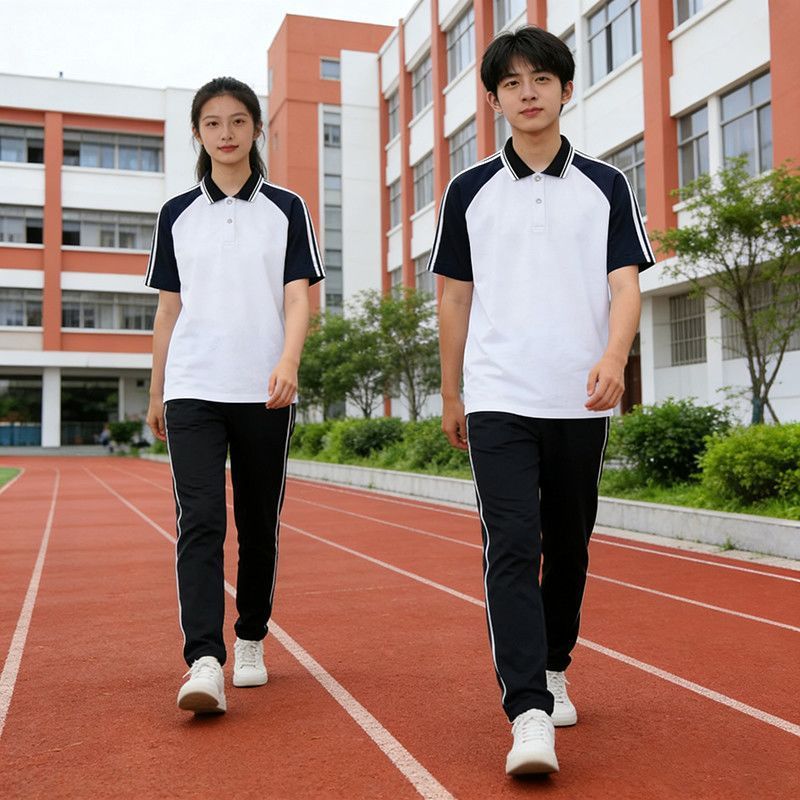 学生校服白色短袖初中高中生班服T恤长裤大学男女同款纯色运动服