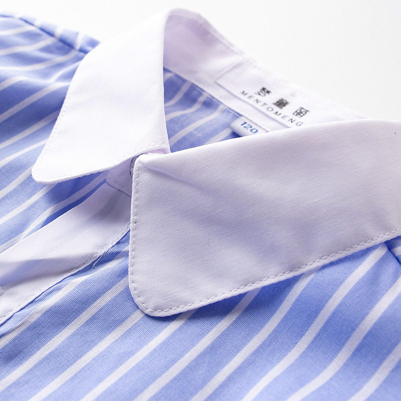儿童短袖衬衫纯棉夏季薄款男童女童演出服小学生蓝色条纹校服衬衣