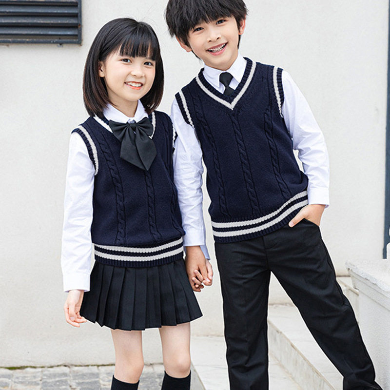 现货童装毛衣学生校服背心 男童女童针织毛线马甲学院风校服坎肩