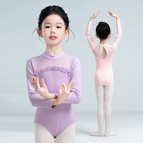 舞蹈服装女儿童春秋长袖连体服花边练功服芭蕾舞服立领拼网表演服