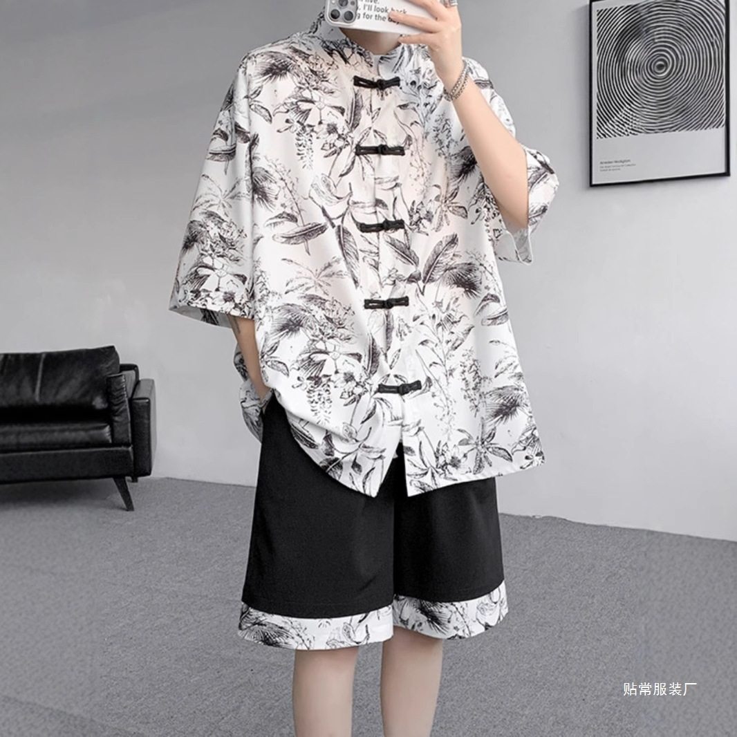 冰丝短袖衬衫男夏季新中式男装中国风复古花衬衣套装唐装汉服