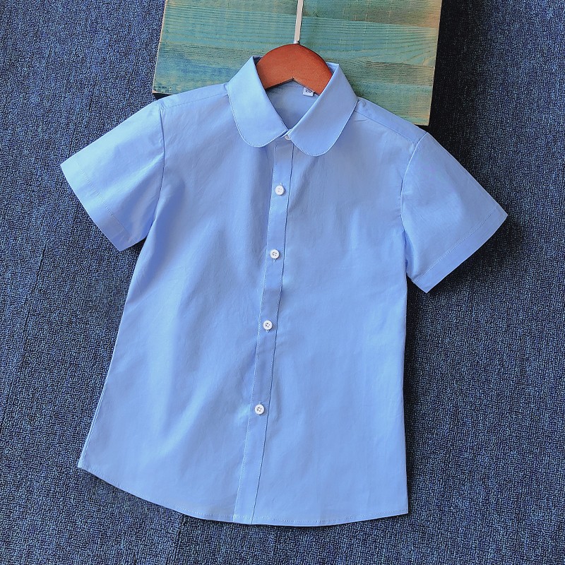 女童校服白衬衫短袖夏装圆领蓝色衬衣学院中小学生纯棉翻领表演服