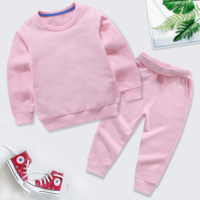 工厂现货纯色秋季纯棉圆领卫衣套装中小学生校服可DIY印LOGO批发6
