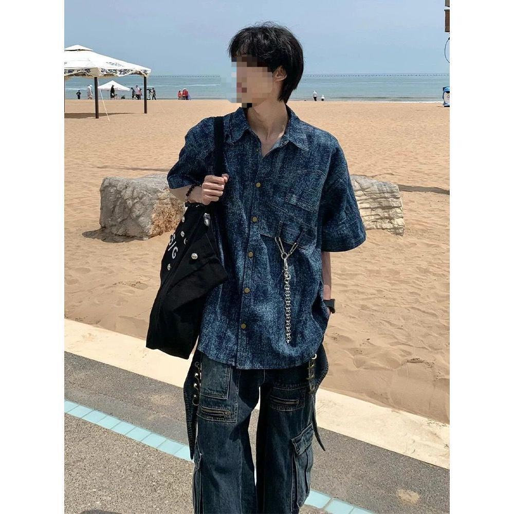 美式复古解构垫肩短袖衬衫男夏季做旧水洗扎染设计感衬衣小众