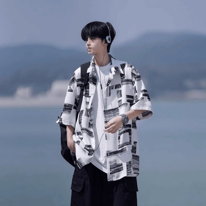 跨境男痞帅印花薄衬衣感半袖夏季宽松帅气美式花衬衫男日系复古