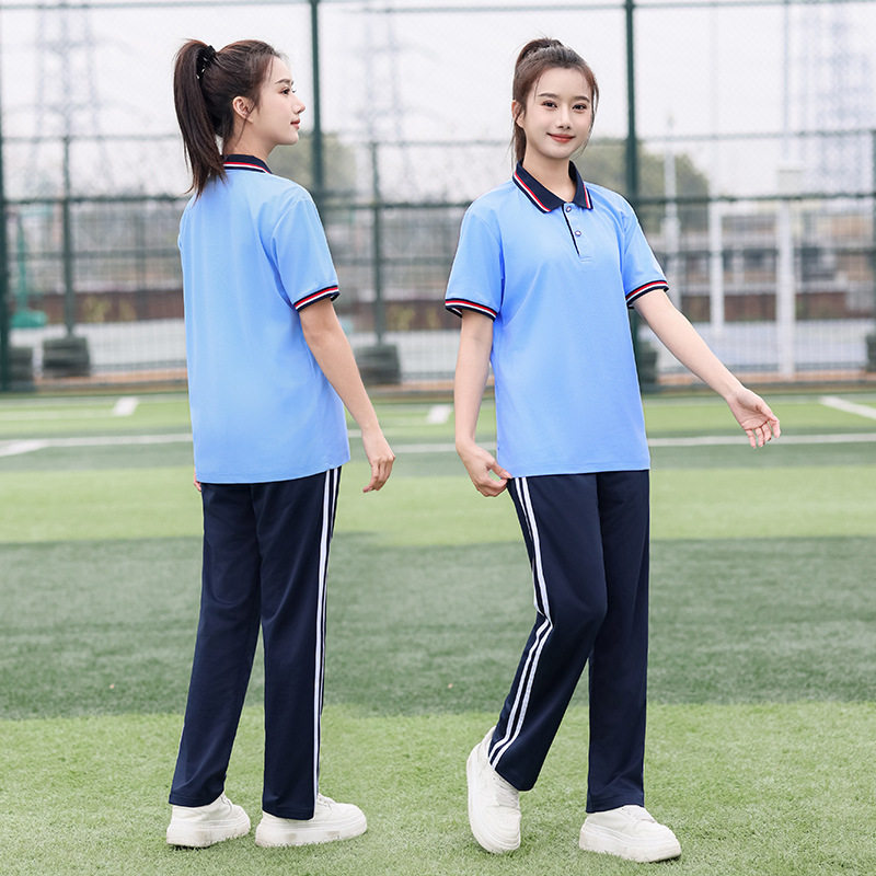 夏季中学生校服短袖T恤男女高中生蓝白上衣polo衫初中生班服套装