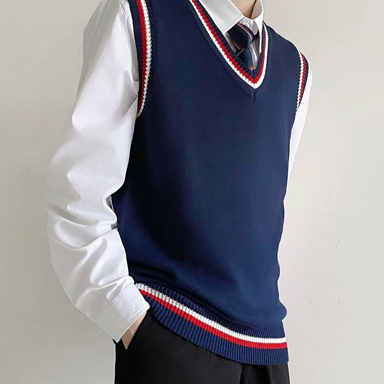 现货学院风校服毛衣V领针织背心JK马甲男女学情侣服班服外穿百搭
