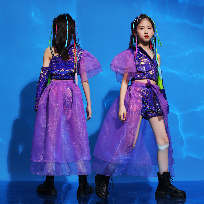 儿童爵士舞亮闪闪演出服女孩模特走秀亮片街舞套装表演服女架子鼓