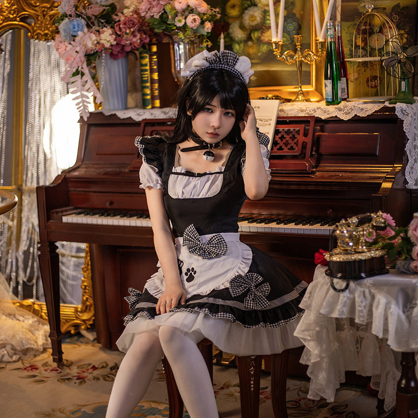 跨境亚马逊 猫娘经典系黑白女仆服女佣装万圣节服 COSPLAY演出服