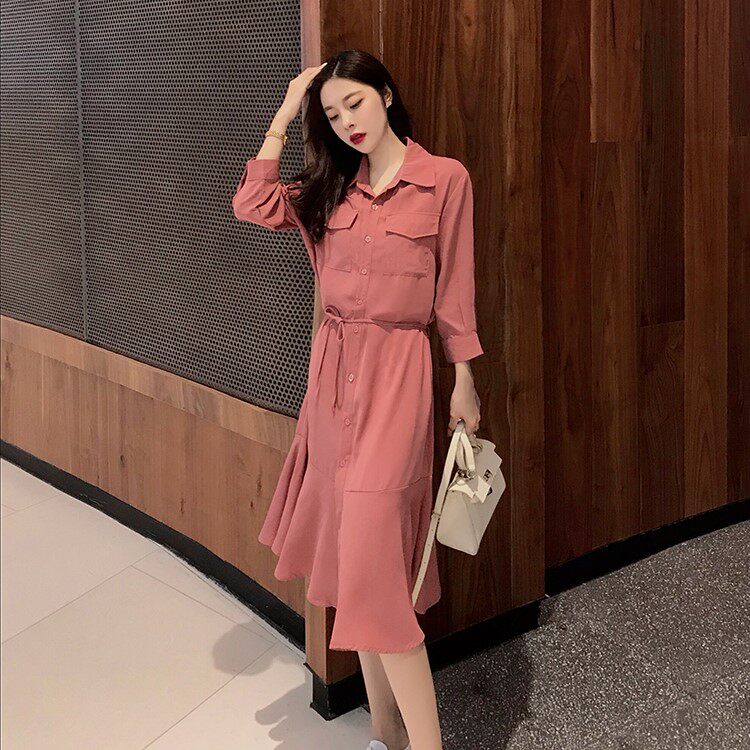 2019 new pattern Autumn Big size dress MM Show thin Dress Retro Cover the belly Frenum Lapel Mid length version skirtin the Women's clothing/Boutique , Large size women  category - from Buy2taobao.com to provide professional Taobao agent buy service