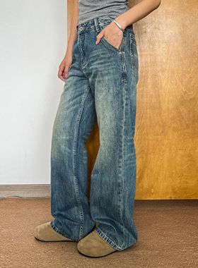 SLOWBAND美式做旧直筒微喇牛仔裤猫须洗水复古合身显瘦休闲长裤