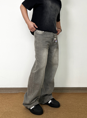 cleanfit美式复古水洗灰色直筒宽松牛仔裤阔腿街头休闲男女款长裤