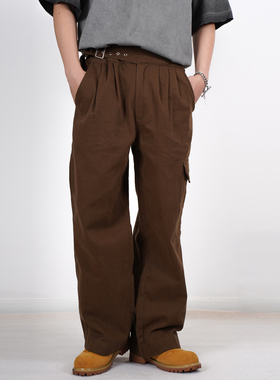 SLOWBAND美式复古宽松双褶廓尔格工装裤卡其色英式日系休闲长裤男