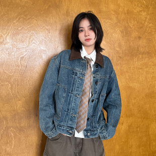 牛仔外套水洗做旧宽松男女夹克 复古麂皮翻领短款 SLOWBAND秋季 美式