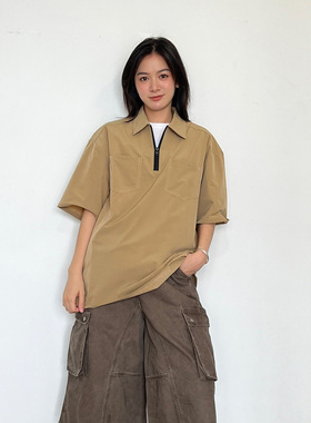 SLOWBAND日系户外多口袋纯色翻领短袖衬衫宽松方领套头速干POLO衫