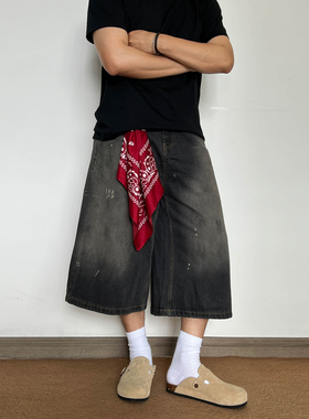 SLOWBAND美式复古洗水做旧泼墨七分牛仔裤男巴恩风直筒宽松休闲裤