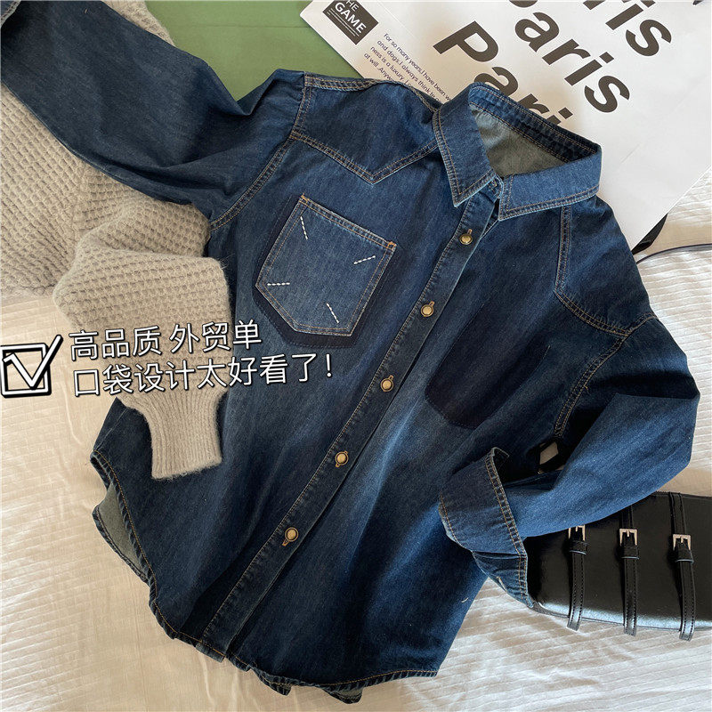 欧货马吉啦拼接口袋复古感大牌女款牛仔衬衫2025春款宽松衬衣上衣