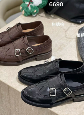头层牛皮英伦风小皮鞋女2025新款布洛克雕花牛津鞋双扣带真皮通勤