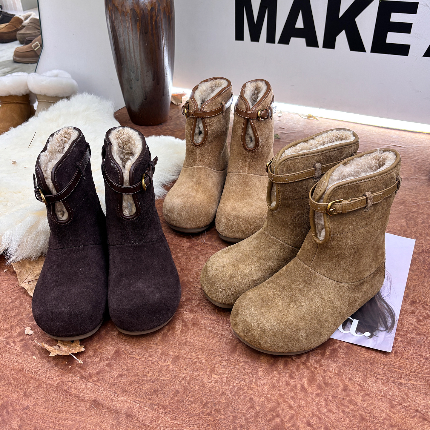 麂皮绒面雪地靴女加绒保暖毛毛短靴休闲厚底加厚冬季靴子两穿