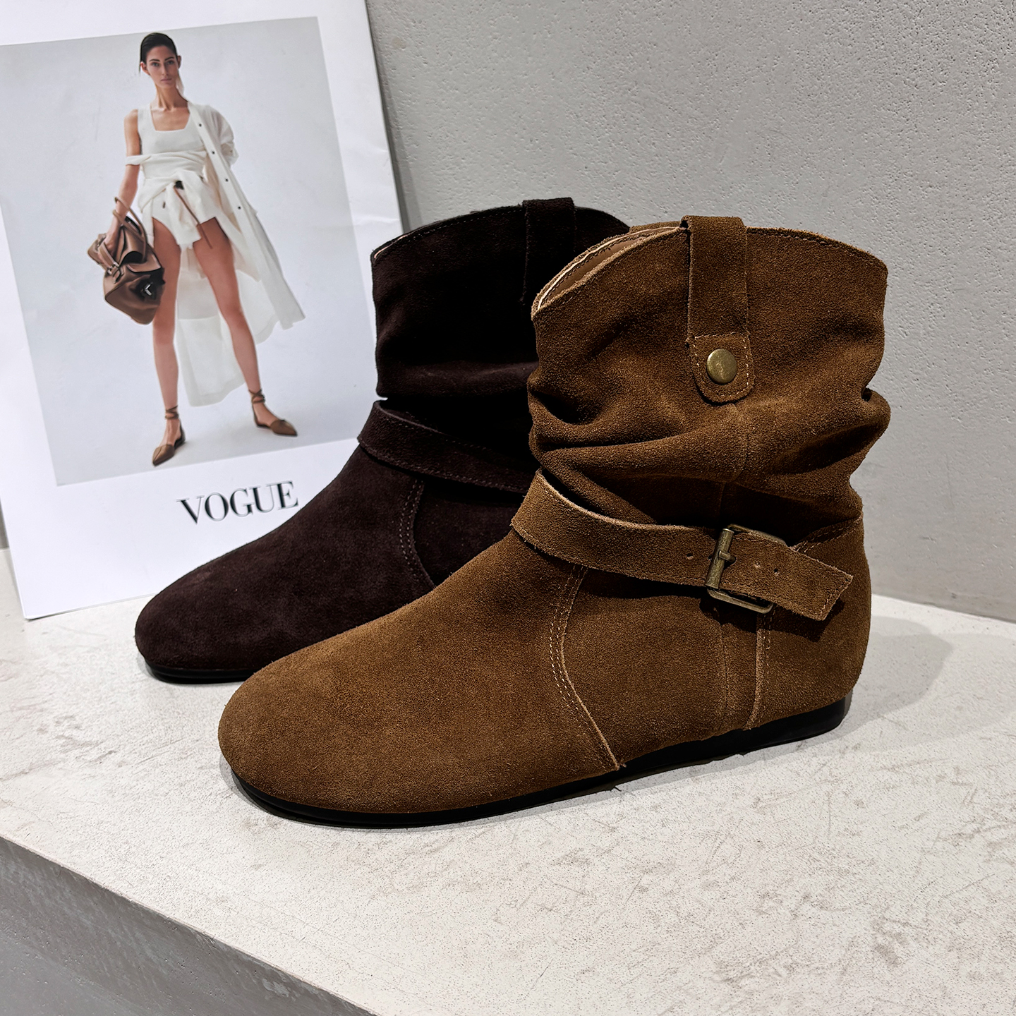 真皮休闲勃肯靴套筒显瘦堆堆靴