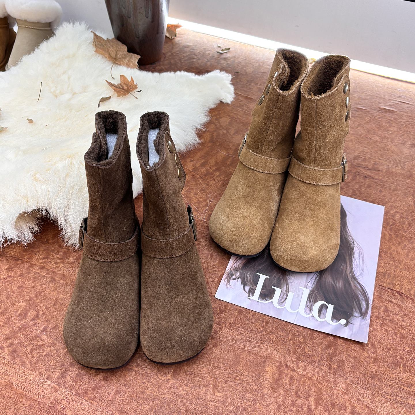 麂皮绒面雪地靴女加绒保暖毛毛短靴休闲厚底加厚冬季靴子两穿